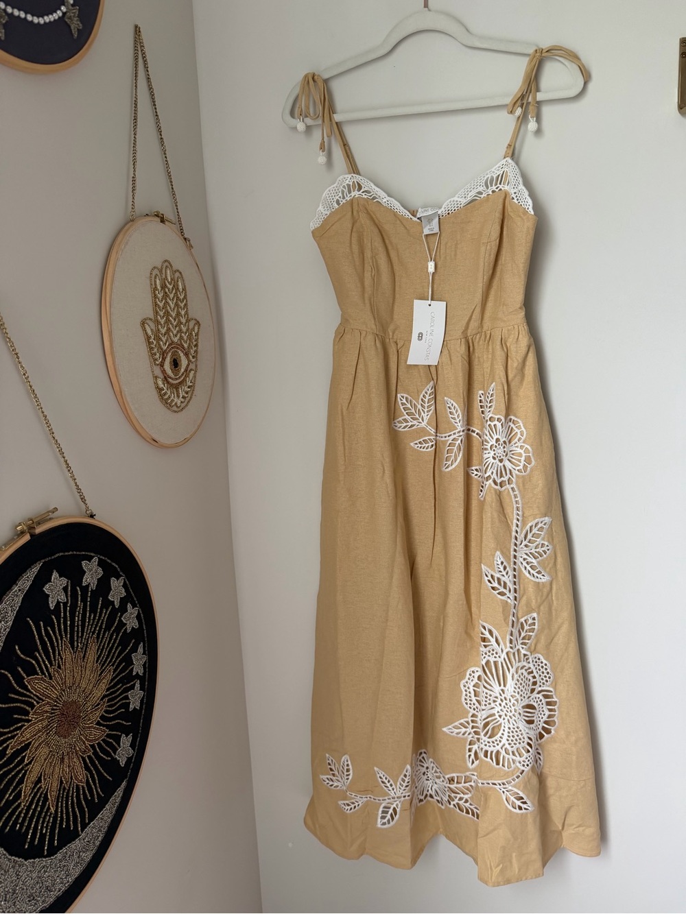 Tan linen Sleeveless beaded Tie-Shoulder Midi Dress with White Floral detail
